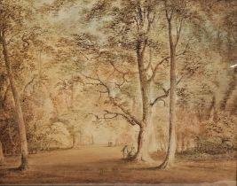 A glazed and framed 19th century watercolour, woodland scene with figures. H.58 W.71cm.