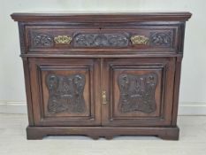 Secretaire cabinet, 19th century carved walnut with fall front revealing well fitted interior. H.100
