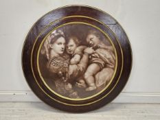 A large contemporary antique style print in an oak and gilt frame. Diameter 100cm.