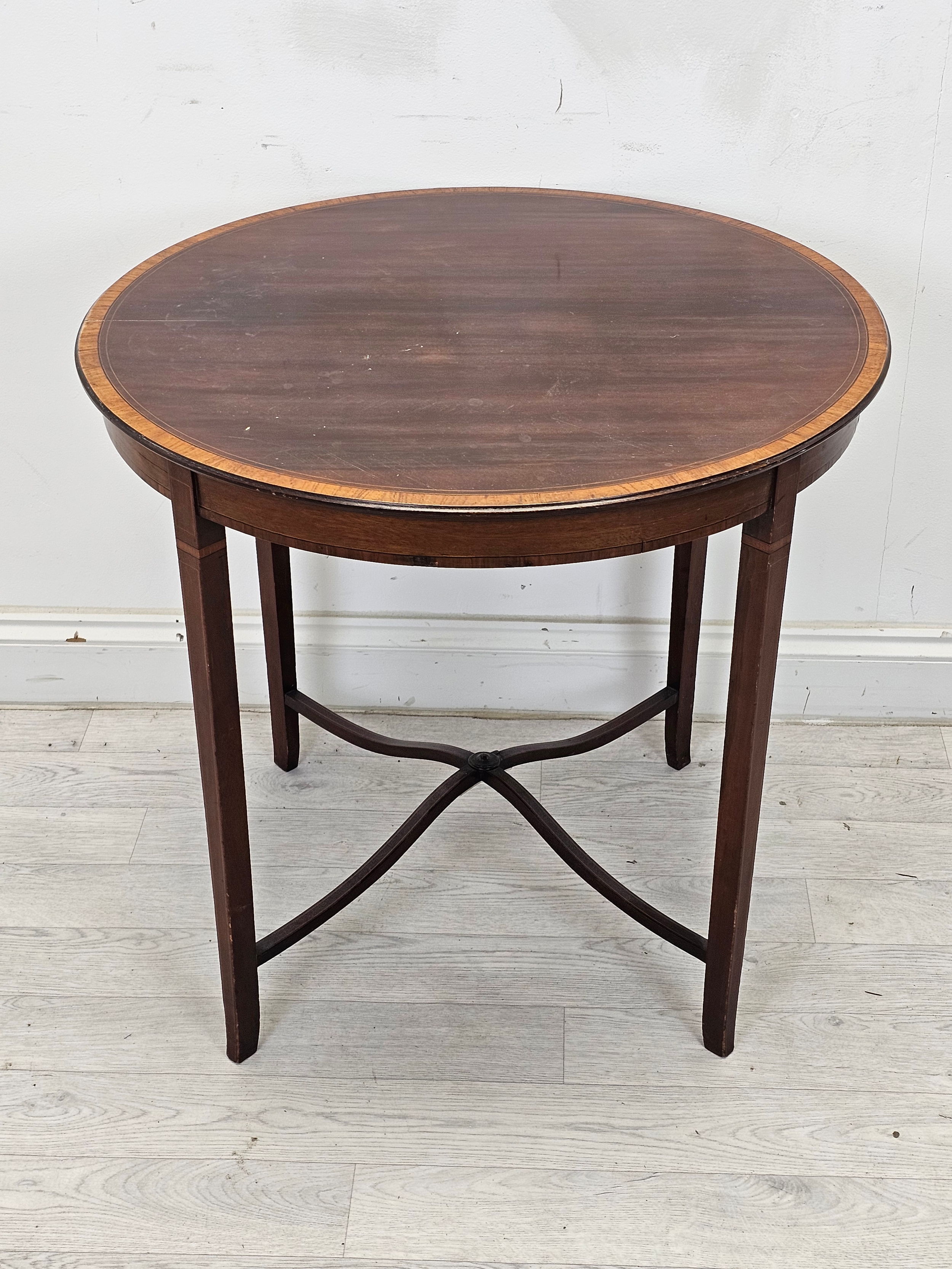 Occasional table, Edwardian mahogany and satinwood crossbanded. H.66 Diameter 64cm.