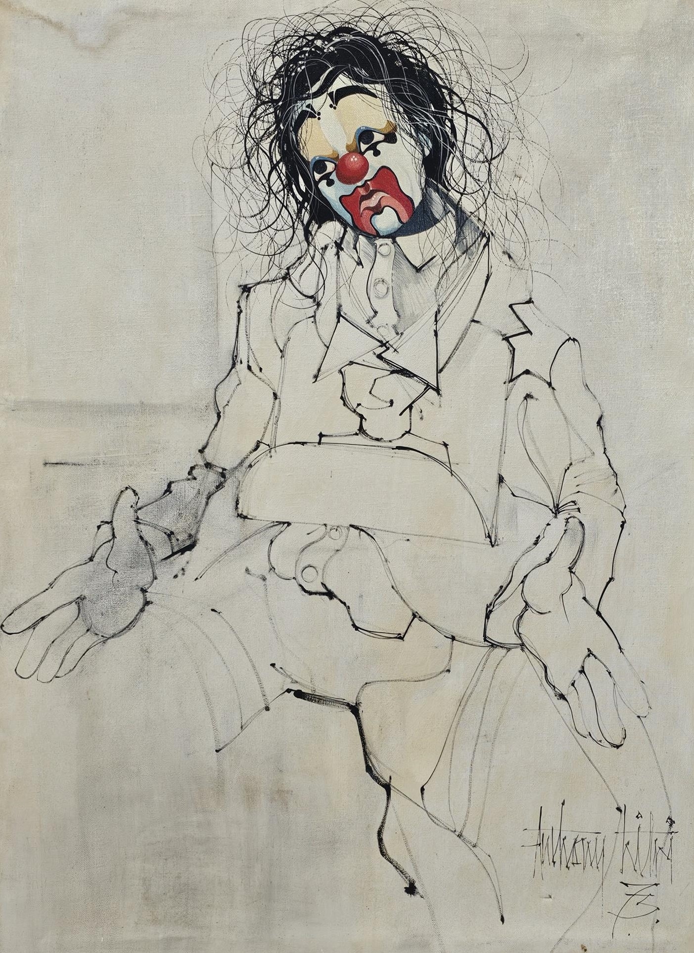 After Bernard Buffet, mid-20th century oil on canvas of a clown, indistinctly signed. H.108 W.81cm.