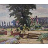 Oil on board. An impressionist style oil painting of a terrace and English garden in full bloom.