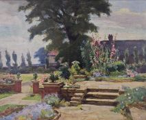 Oil on board. An impressionist style oil painting of a terrace and English garden in full bloom.