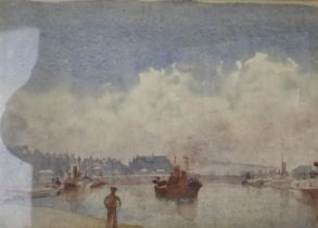 Watercolour. A harbour scene with a sailor in the foreground and tug coming into dock. Probably