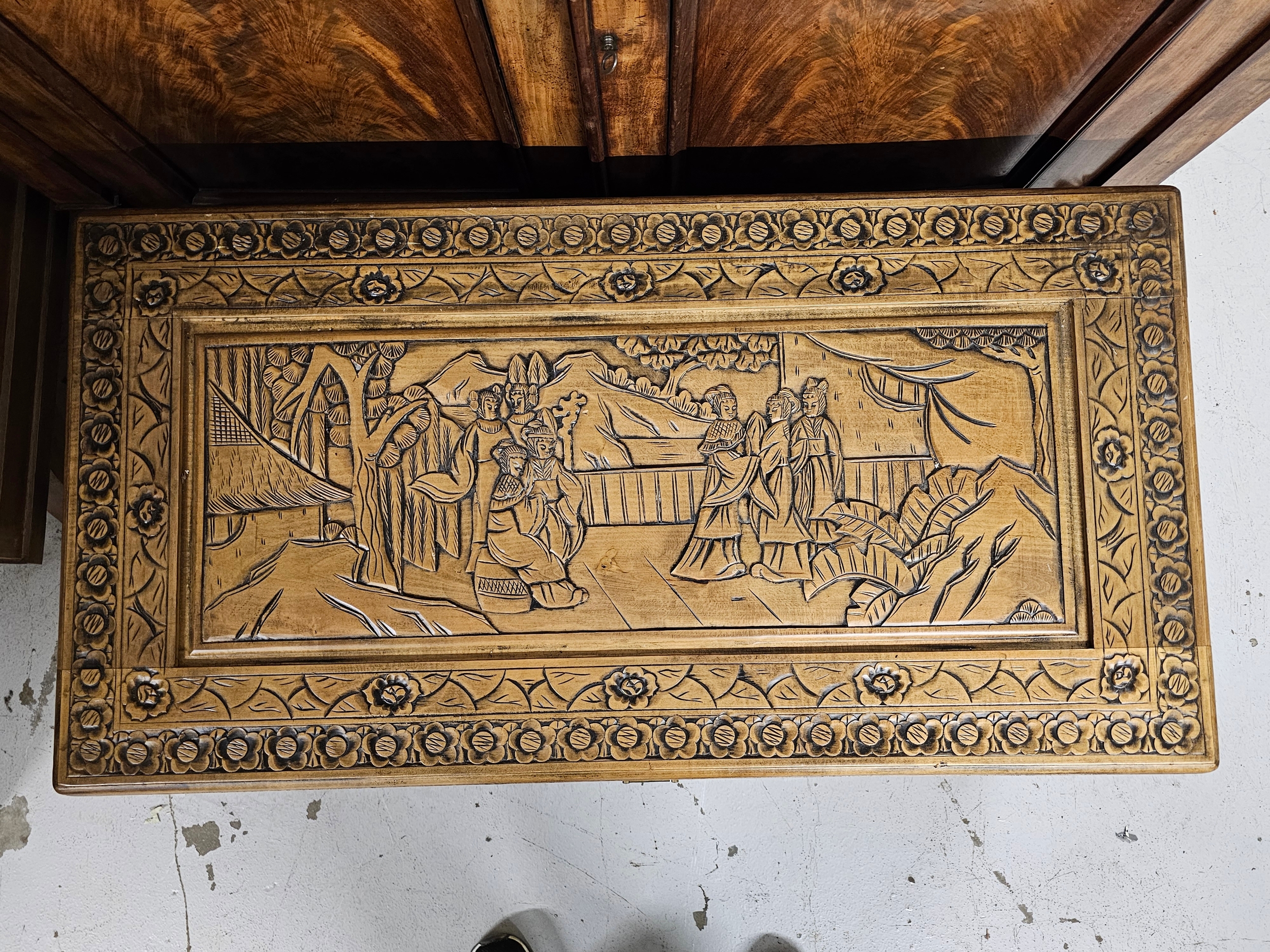 Coffer, early 20th century carved camphorwood. H.52 W.102 D.52cm. - Image 3 of 5