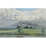 Oil on board. A dreamlike Ely Cathedral set within an horizon of mountain clouds. Unsigned. In a