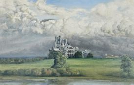 Oil on board. A dreamlike Ely Cathedral set within an horizon of mountain clouds. Unsigned. In a