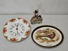 Royal Albert Old Country Roses clock, Border Fine Arts figure and a decorative plate.