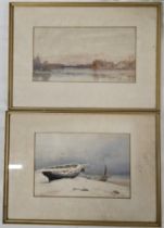 Two early 20th century framed and glazed watercolours, one of a boat on the shore, signed F. da