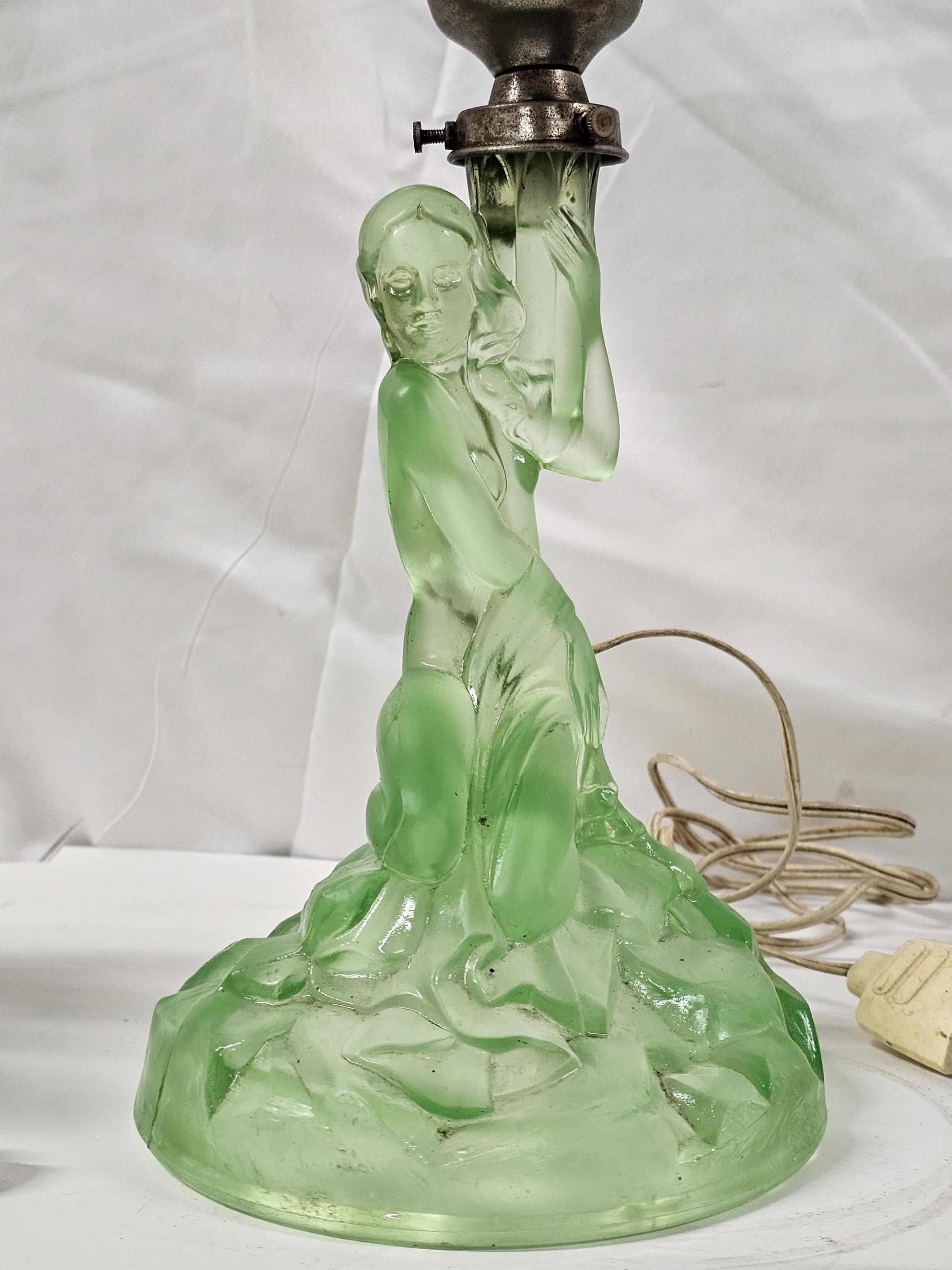 An Art Deco vaseline glass nude classical female table lamp, along with a pierced oil lamp base - Image 4 of 4