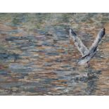 Celeste Benitte, French, a pastel on paper of a heron flying over the water, signed C. Benitte.