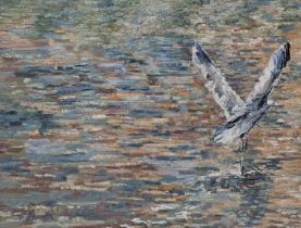 Celeste Benitte, French, a pastel on paper of a heron flying over the water, signed C. Benitte.