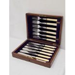 Fish knives and forks, a set of six engraved silver plate with bone handles, C.1900 in fitted