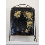 Fire screen, C.1900 brass framed with hand painted bevelled glass panel. H.69 W.45cm.