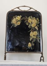 Fire screen, C.1900 brass framed with hand painted bevelled glass panel. H.69 W.45cm.