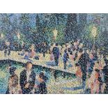 An impressionist style pointillistic oil on canvas of figures at a soiree around a swimming pool.