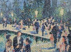 An impressionist style pointillistic oil on canvas of figures at a soiree around a swimming pool.