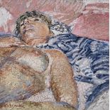 Celeste Benitte, French, a pastel on paper of a nude woman lying on a bed, signed C. Benitte. Framed