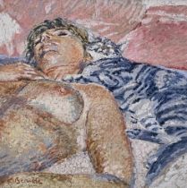 Celeste Benitte, French, a pastel on paper of a nude woman lying on a bed, signed C. Benitte. Framed