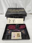 Military box plus items including rare Chindit badges from the collection of Col KM Stuckey South