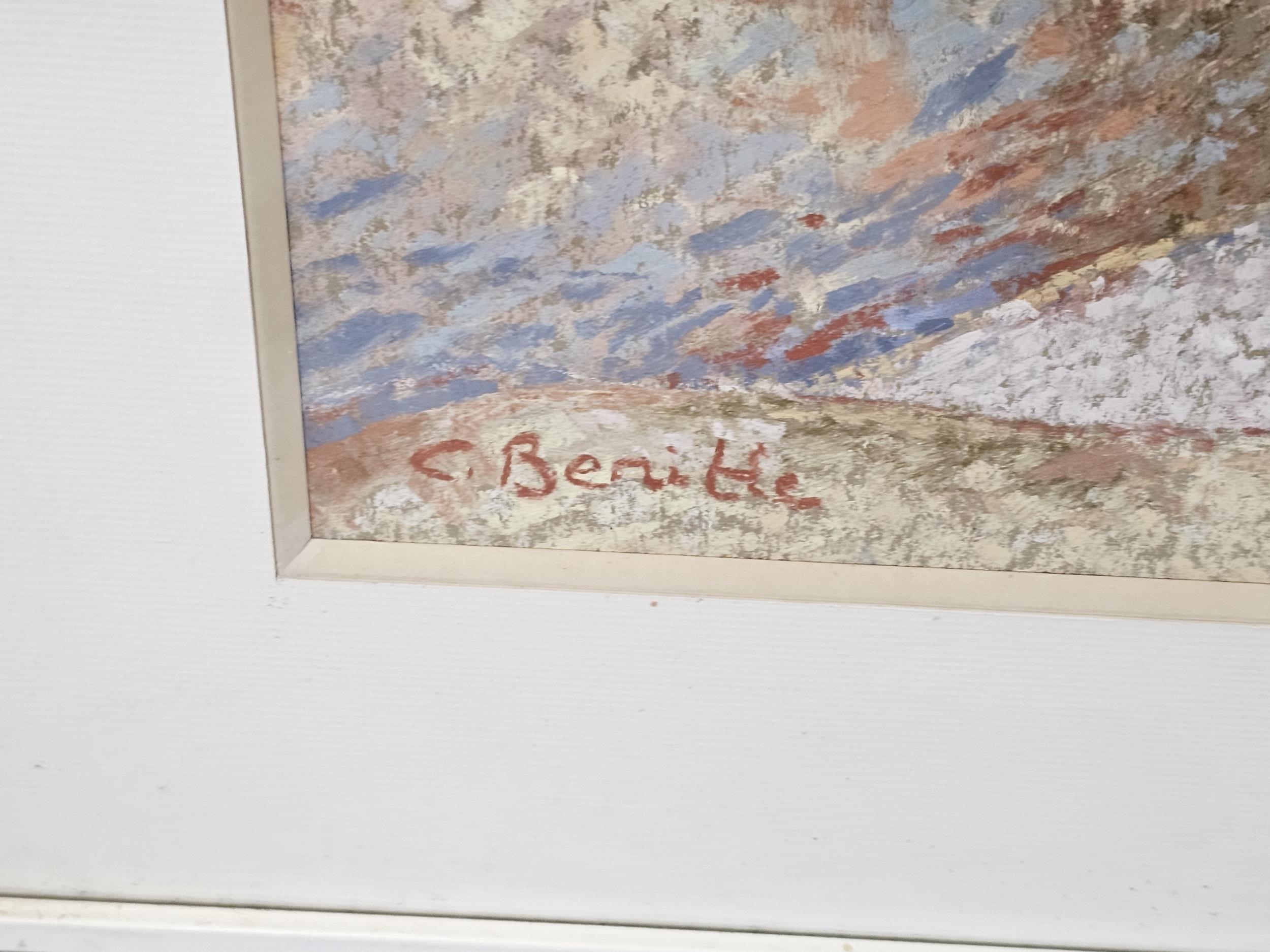 Celeste Benitte, French, a pastel on paper of a nude woman lying on a bed, signed C. Benitte. Framed - Image 3 of 5