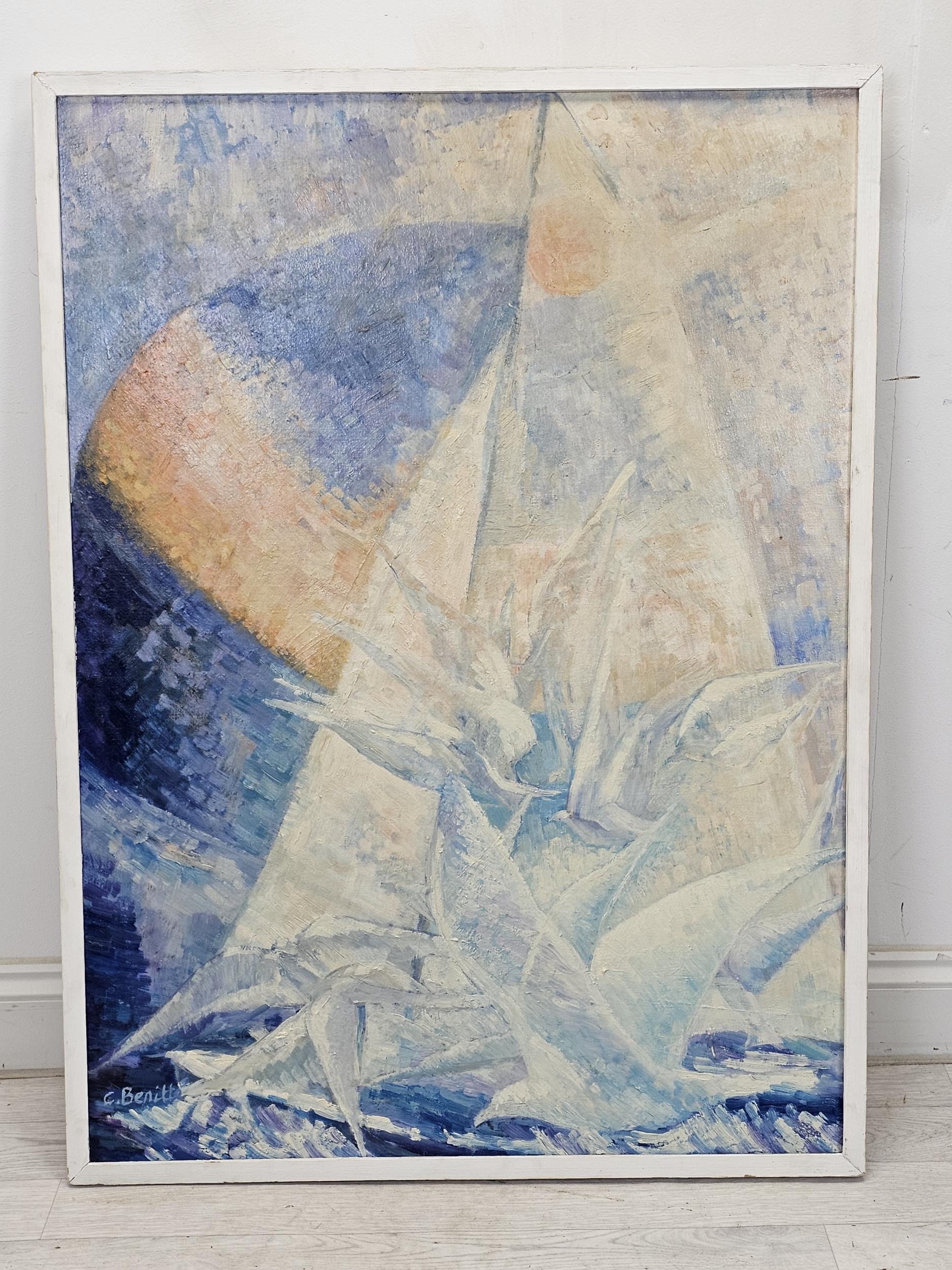 Celeste Benitte (French). Oil on canvas. An large abstract seascape with a yacht and seagulls. - Bild 2 aus 5