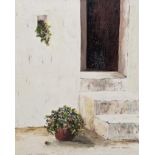 A framed oil on canvas of a white plaster door way. Signed Vanessa Monelei. H.74 W.60cm.