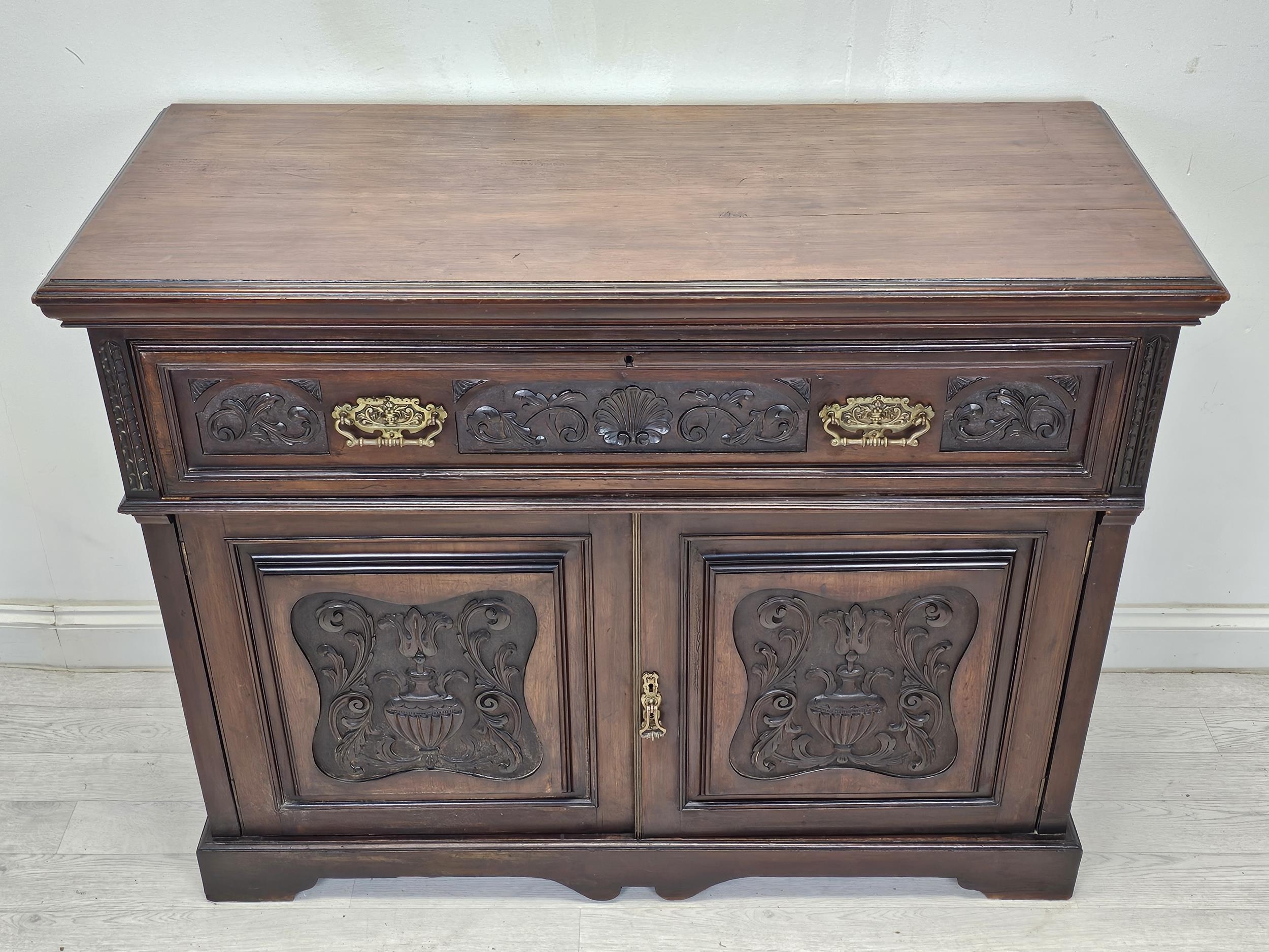 Secretaire cabinet, 19th century carved walnut with fall front revealing well fitted interior. H.100 - Image 2 of 15