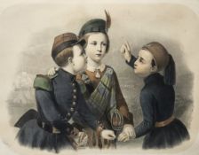 A framed and glazed early 20th century French hand coloured engraving of three children in
