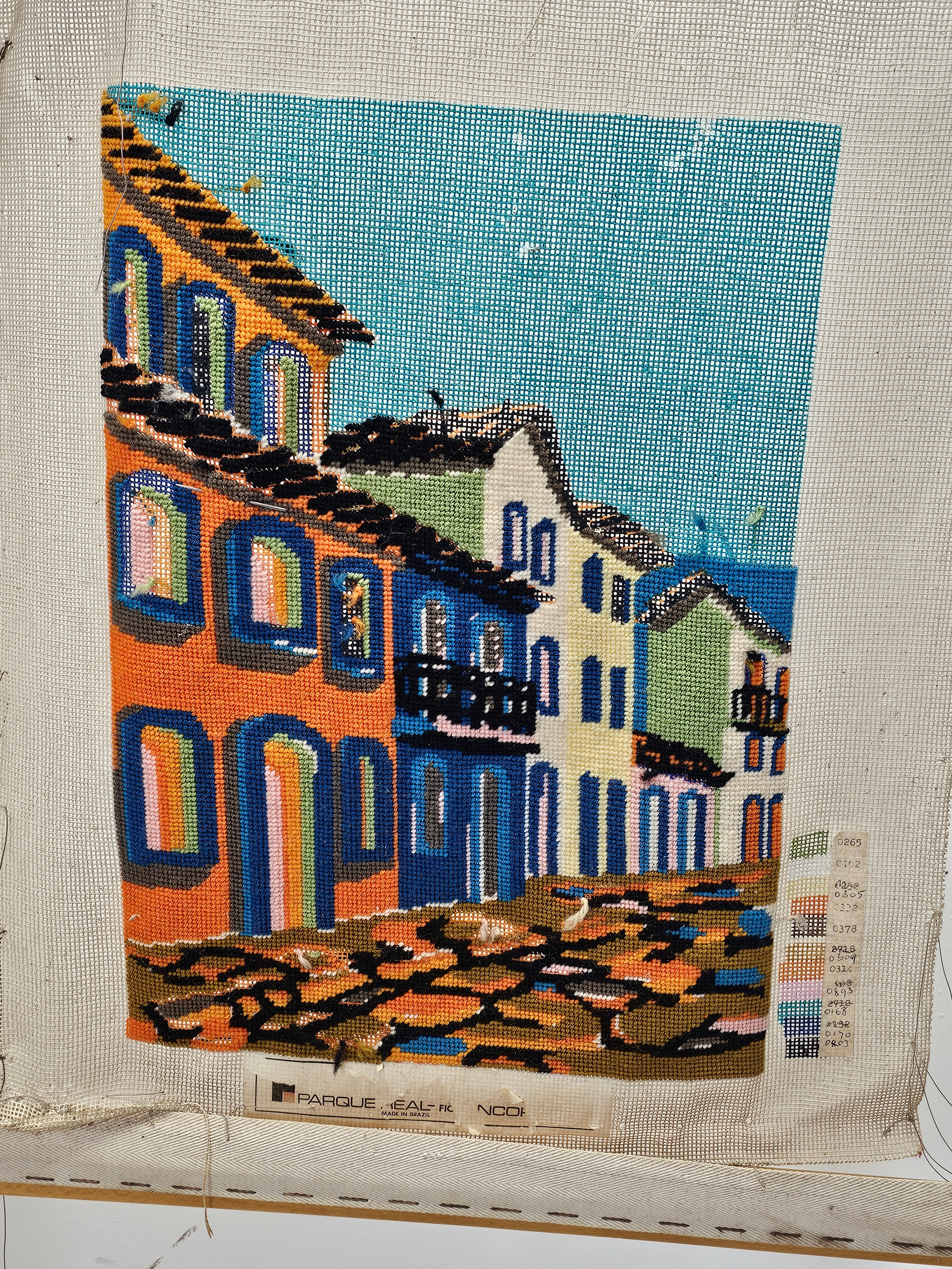 Embroidery. 'Made in Brazil'. On a needlework stand. H.42 W.48cm. - Image 2 of 8
