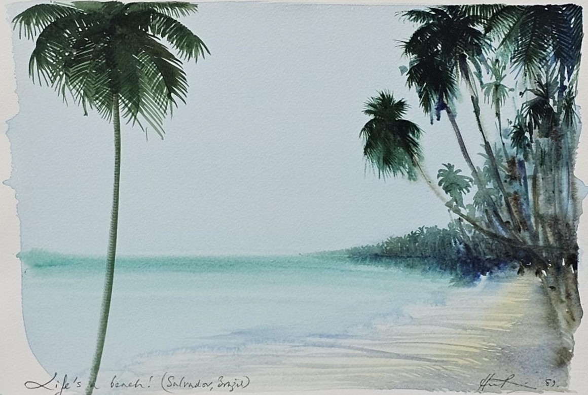 A framed and glazed watercolour, 'Life's a Beach, (El Salvador, Brazil), indistinctly signed. H.60