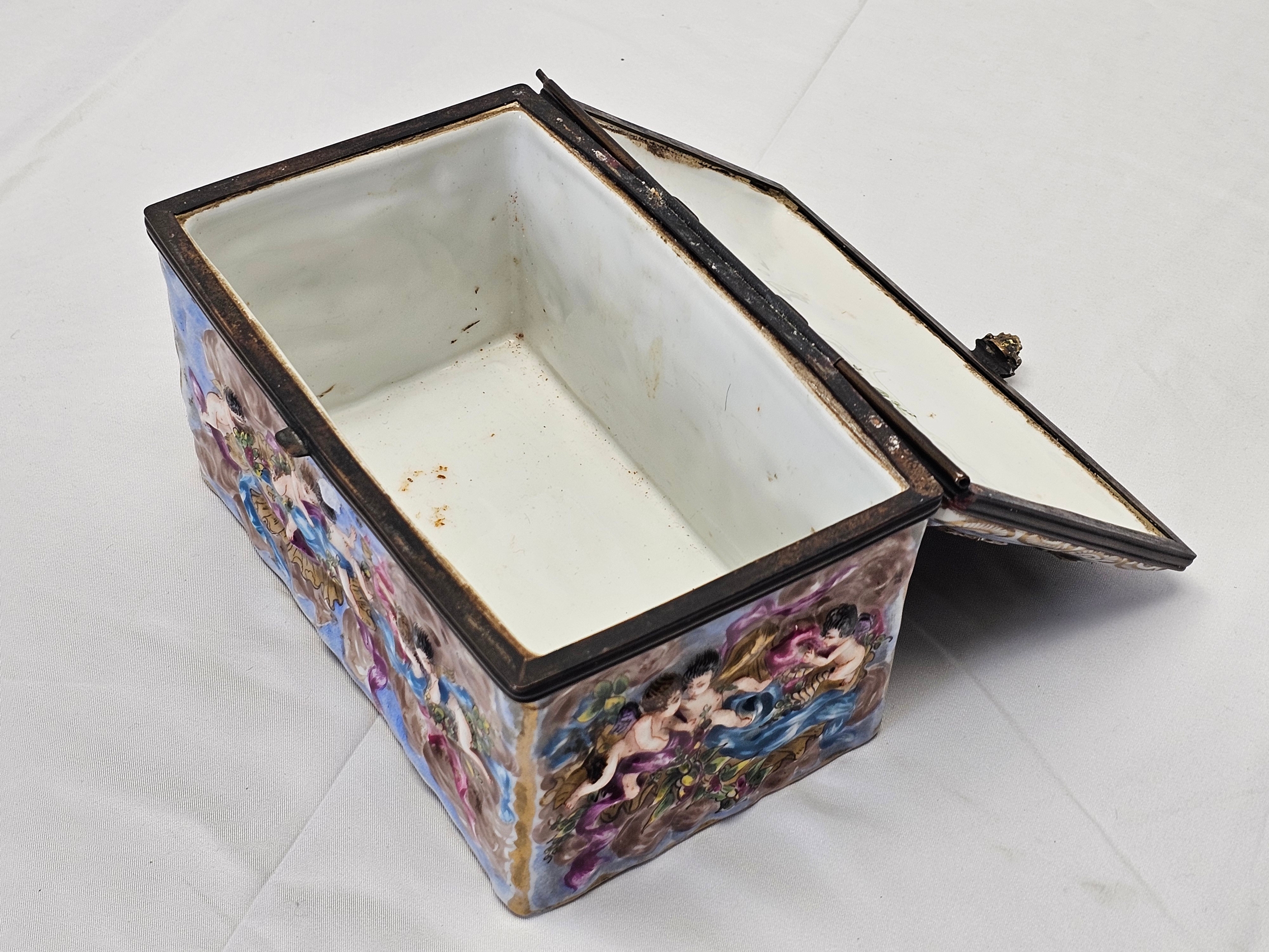 A 20th century Naples Capodimonte rectangular hand painted ceramic lidded box, moulded in low relief - Image 7 of 8