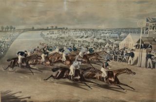 Charles Hunt the Younger (British, 1829–1900). Coming in for the derby. A hand coloured aquatint.