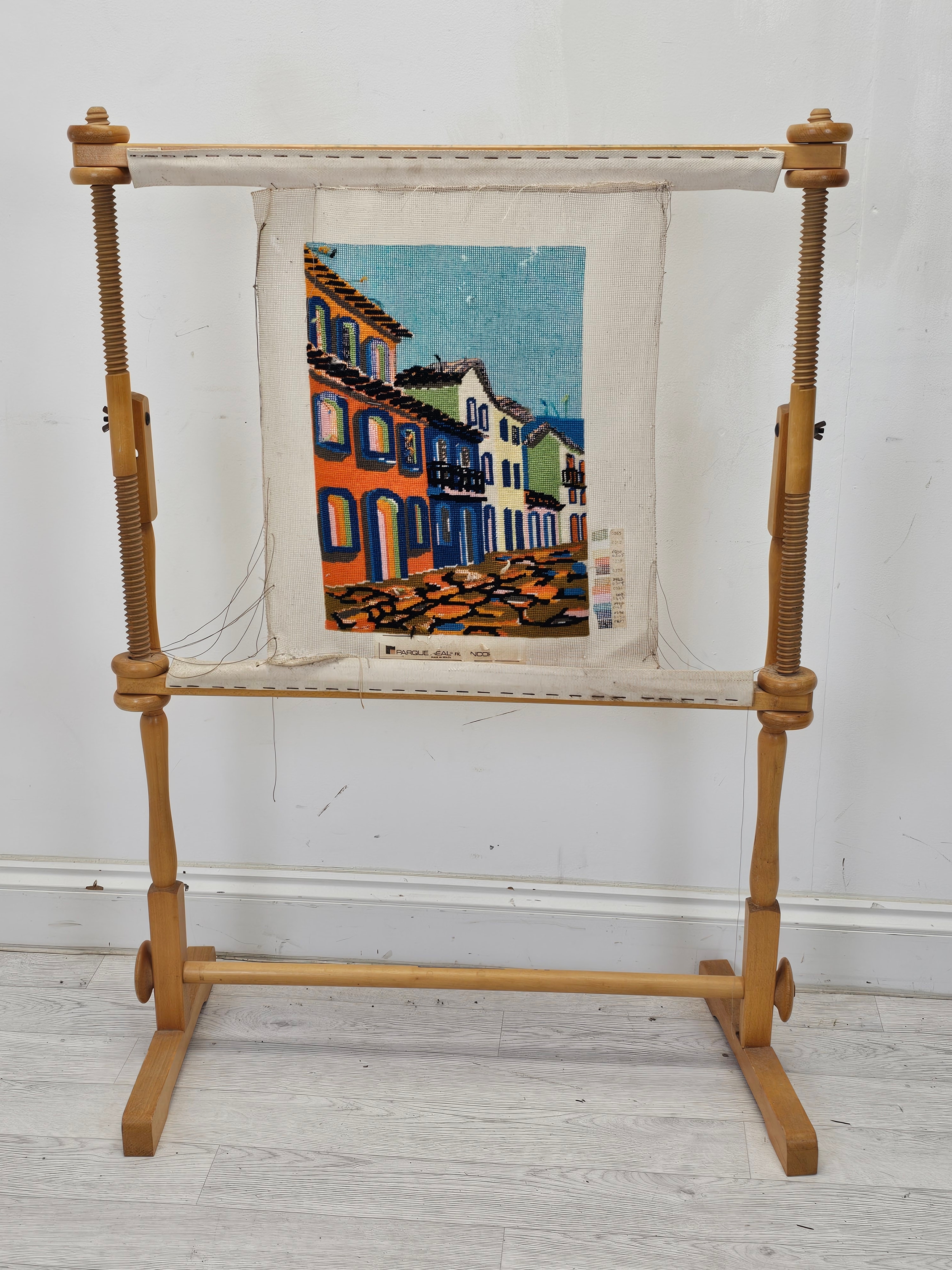 Embroidery. 'Made in Brazil'. On a needlework stand. H.42 W.48cm. - Image 3 of 8