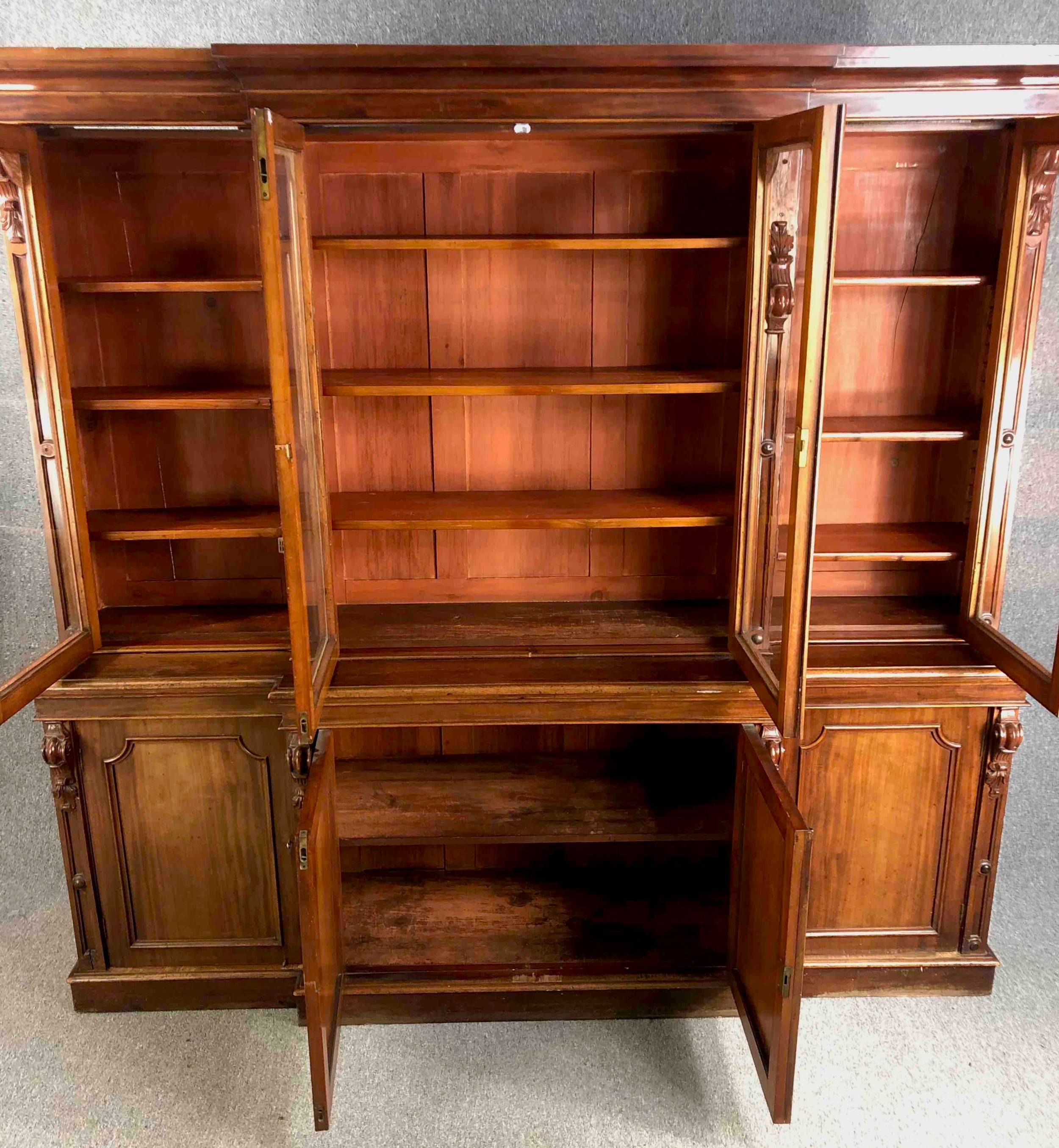 A mid 19th century mahogany breakfront library bookcase. H.234 W.242 D.48cm. (Comes in four sections - Image 4 of 7