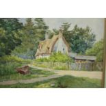 Watercolour, a rural scene with a thatched cottage and two children in the foreground. Unsigned.