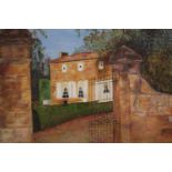 A large oil on canvas. The gates to the house. Signed 'Geoffrey' but surname is illegible. H.134 W.