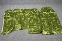 Five green silk velvet lined curtains. L.123 W.47cm. (largest)