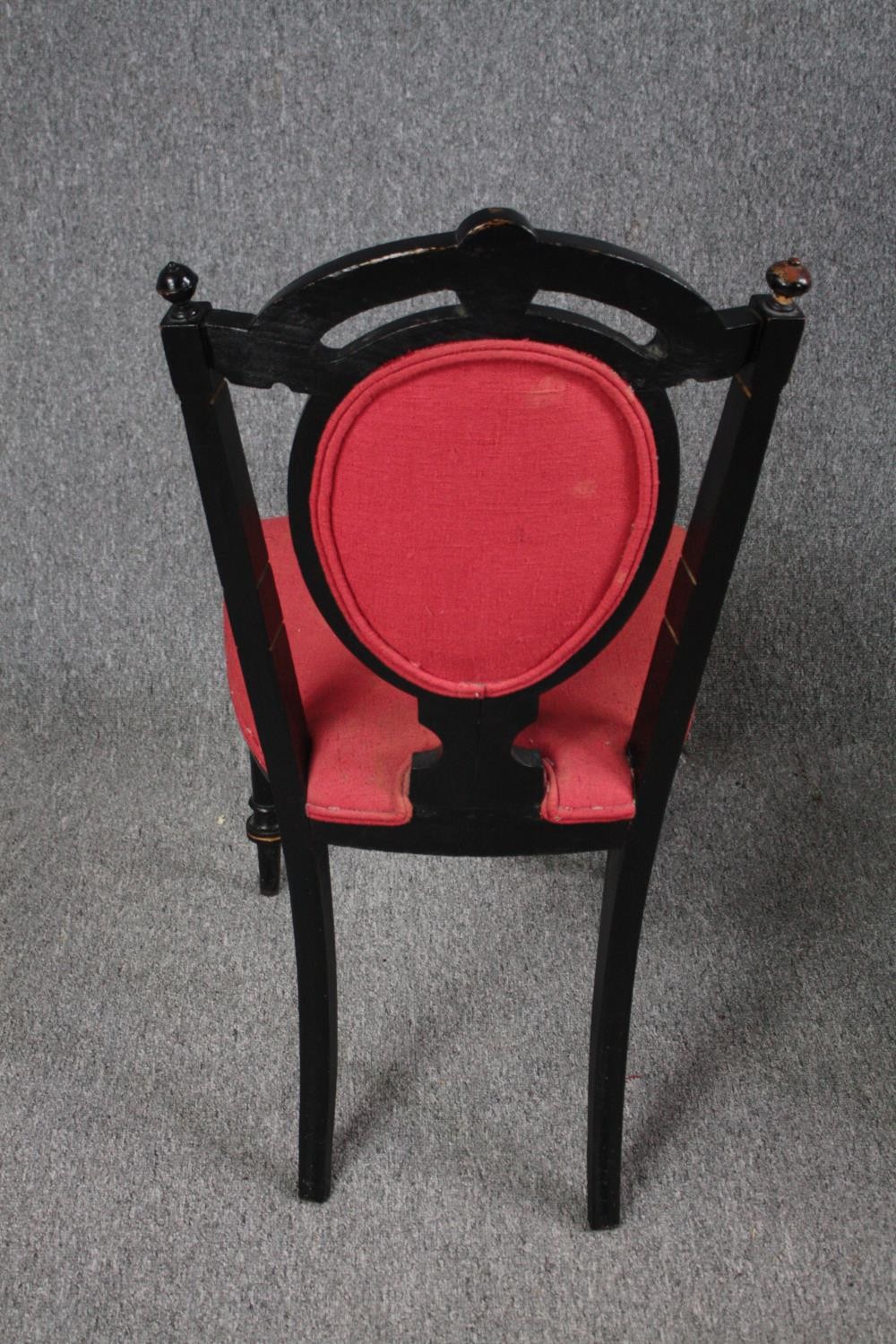 Chairs, a pair, late 19th century amboyna and ebonised with hand painted porcelain medaillon to - Image 5 of 6