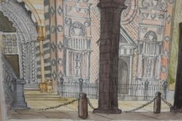 Paul Johnson. Pencil and watercolour. Cathedral arches with cat, Bergamo. Signed on the back. Framed