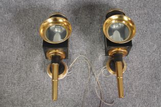 Two modern brass wall lights. Modelled on the style of coaching lamps. H.49cm (each).
