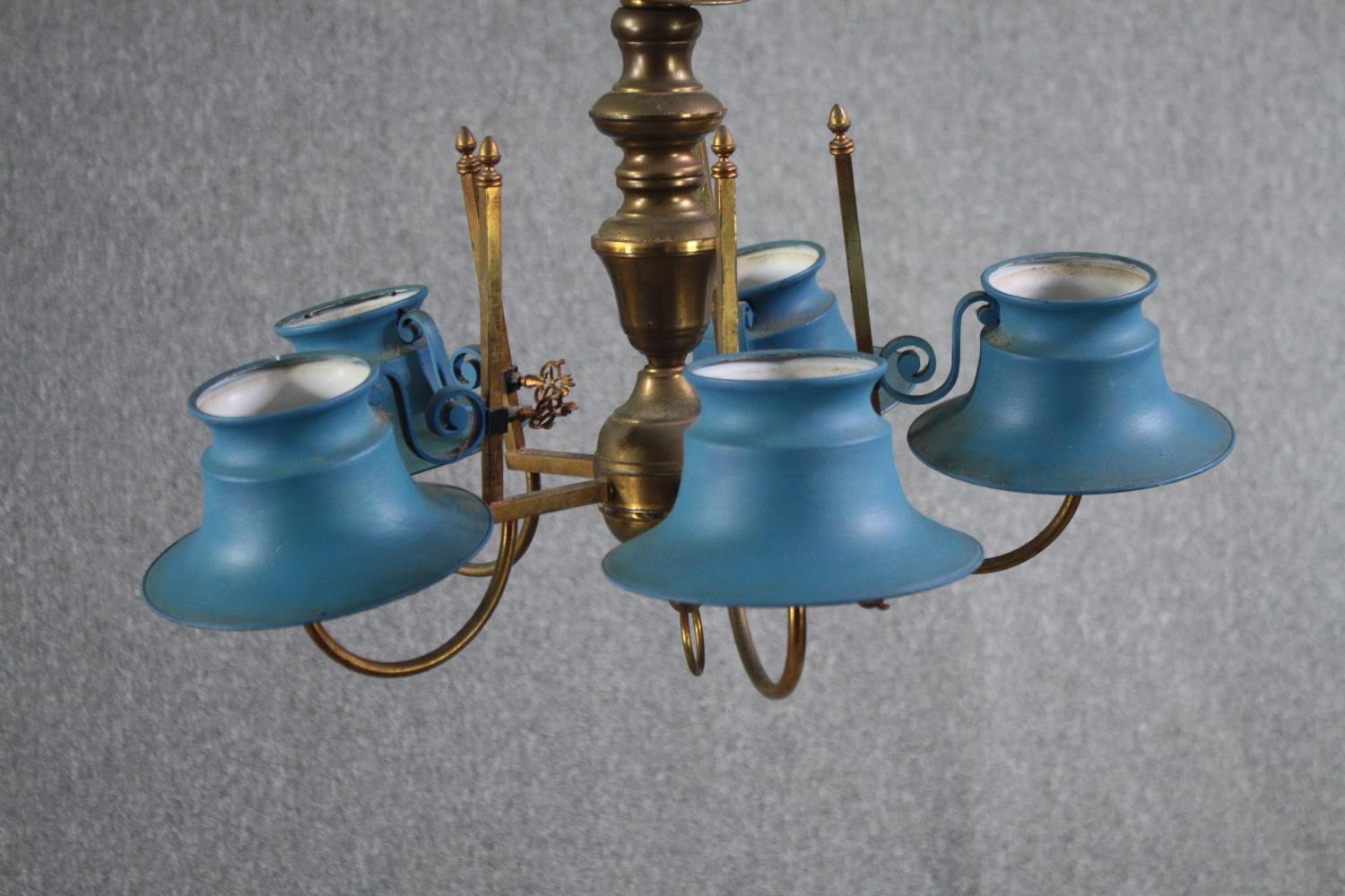 A five branch brass chandelier with light blue toleware shades. H.34 Dia.55cm. - Image 3 of 5