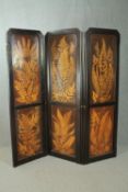 A Chinese hardwood three panel screen or room divider with fern leaf decoration. H.198 W.185cm.