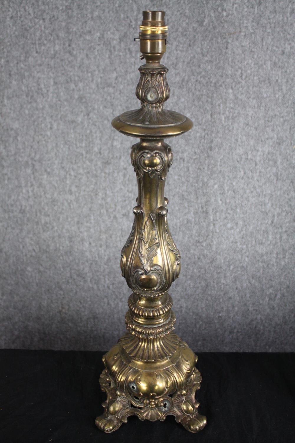 A pair of large casts brass lamps with four legged pedestals and raised Rococo revival style - Image 2 of 5