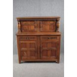 Court cupboard, mid century Jacobean style oak. H.125 W.120 D.46vm.