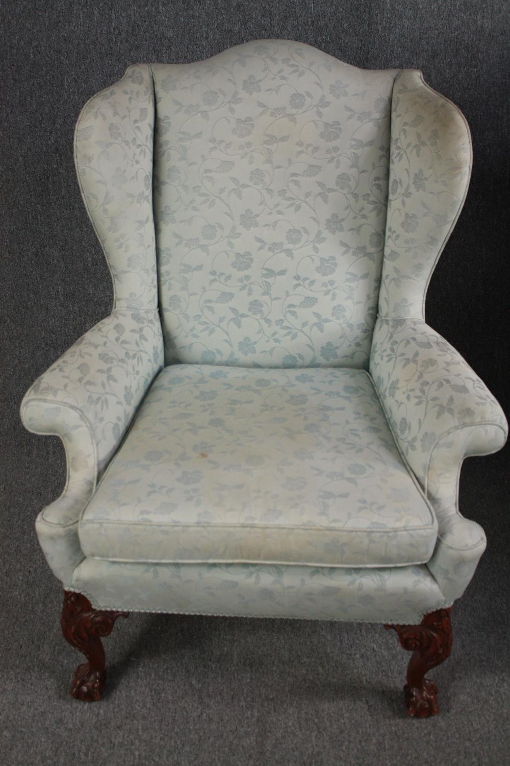 Armchairs, early Georgian wingback style on carved walnut cabriole supports. - Image 3 of 7