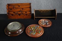 Miscellaneous. A marble game, barometer, letter rack, and shelf. L.22 W.39c. (largest)
