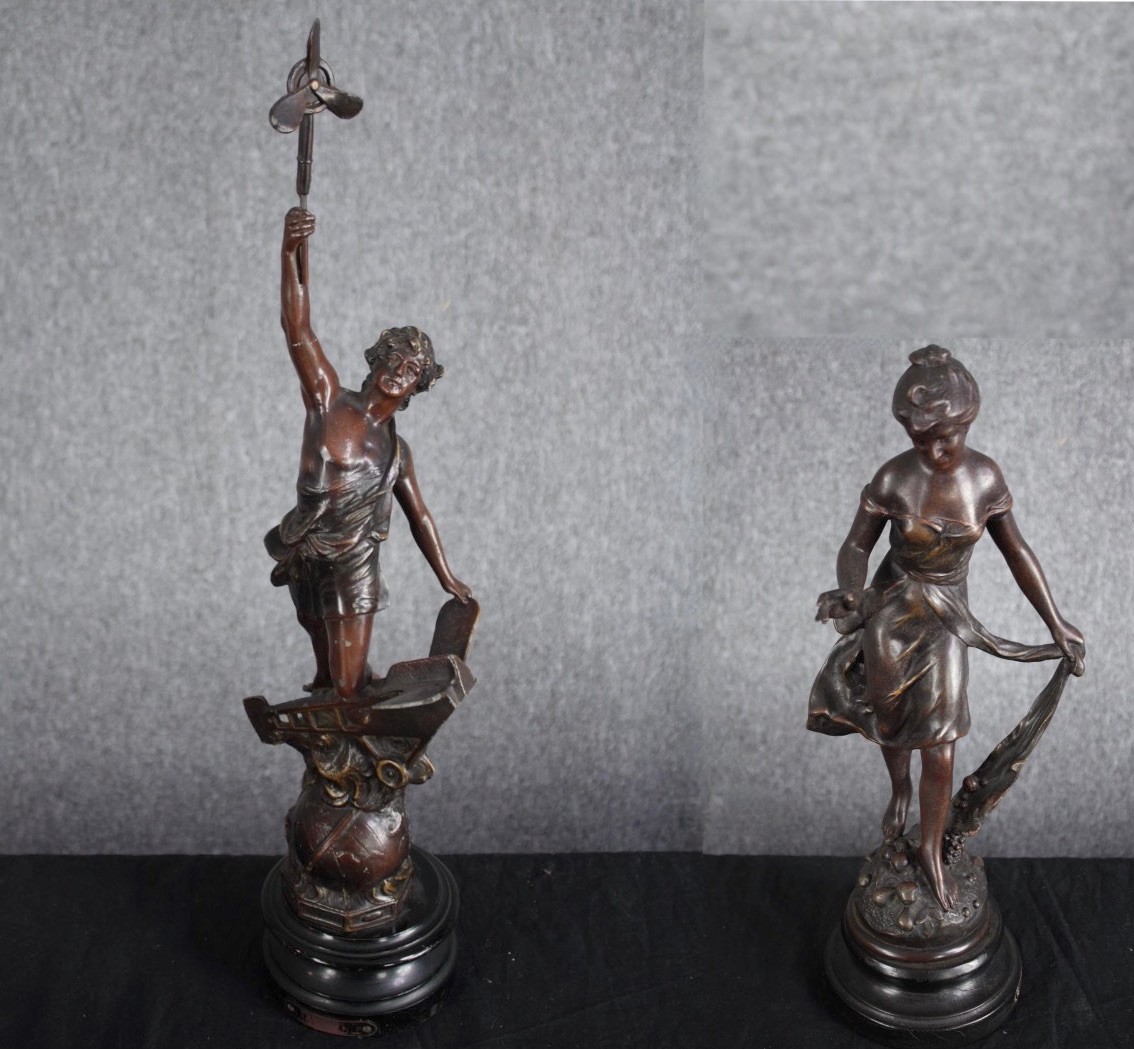 After Henryk Kossowski (Polish). Two patinated brass figures. Titled 'Automne' (autumn). Set on - Image 2 of 11