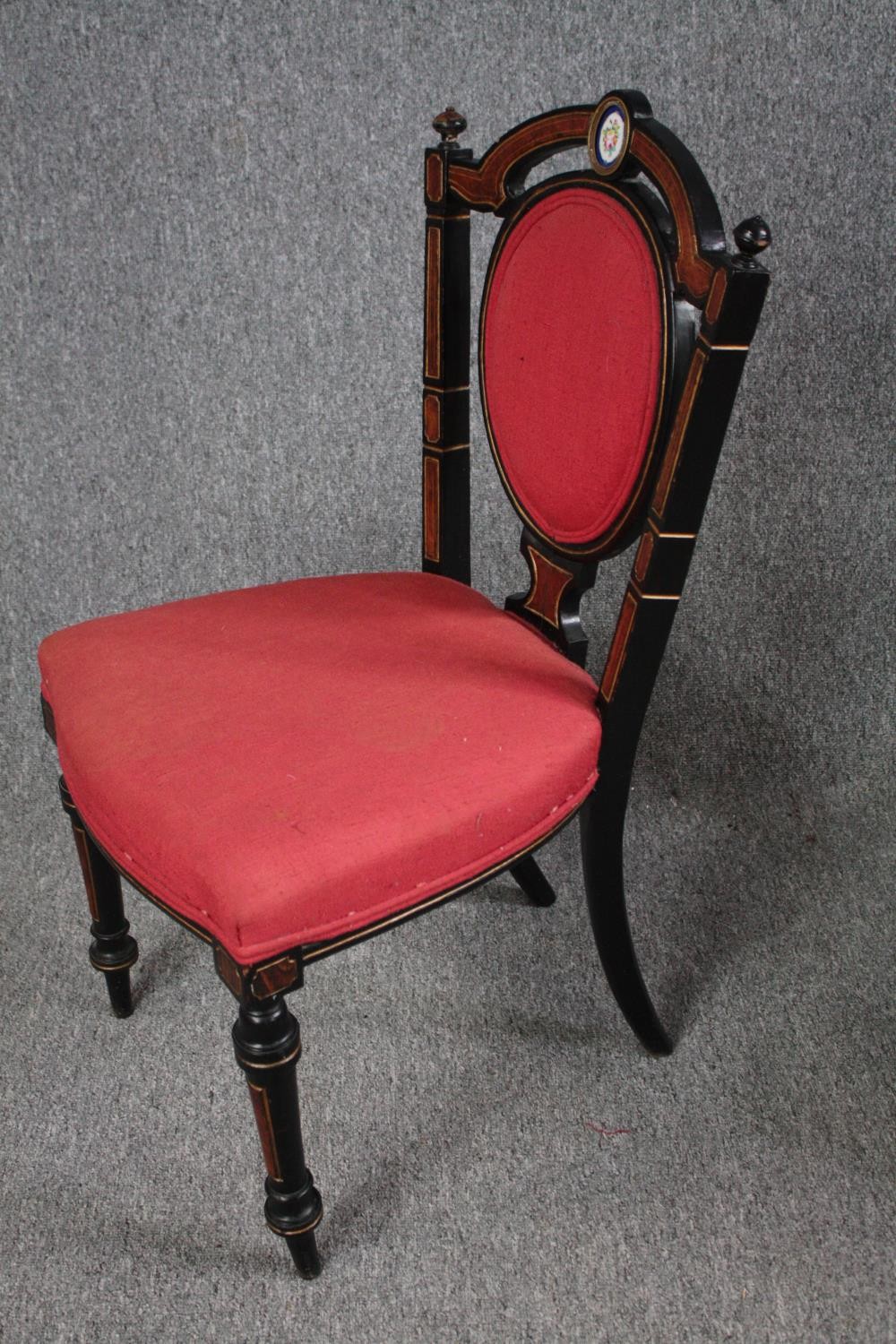 Chairs, a pair, late 19th century amboyna and ebonised with hand painted porcelain medaillon to - Image 4 of 6