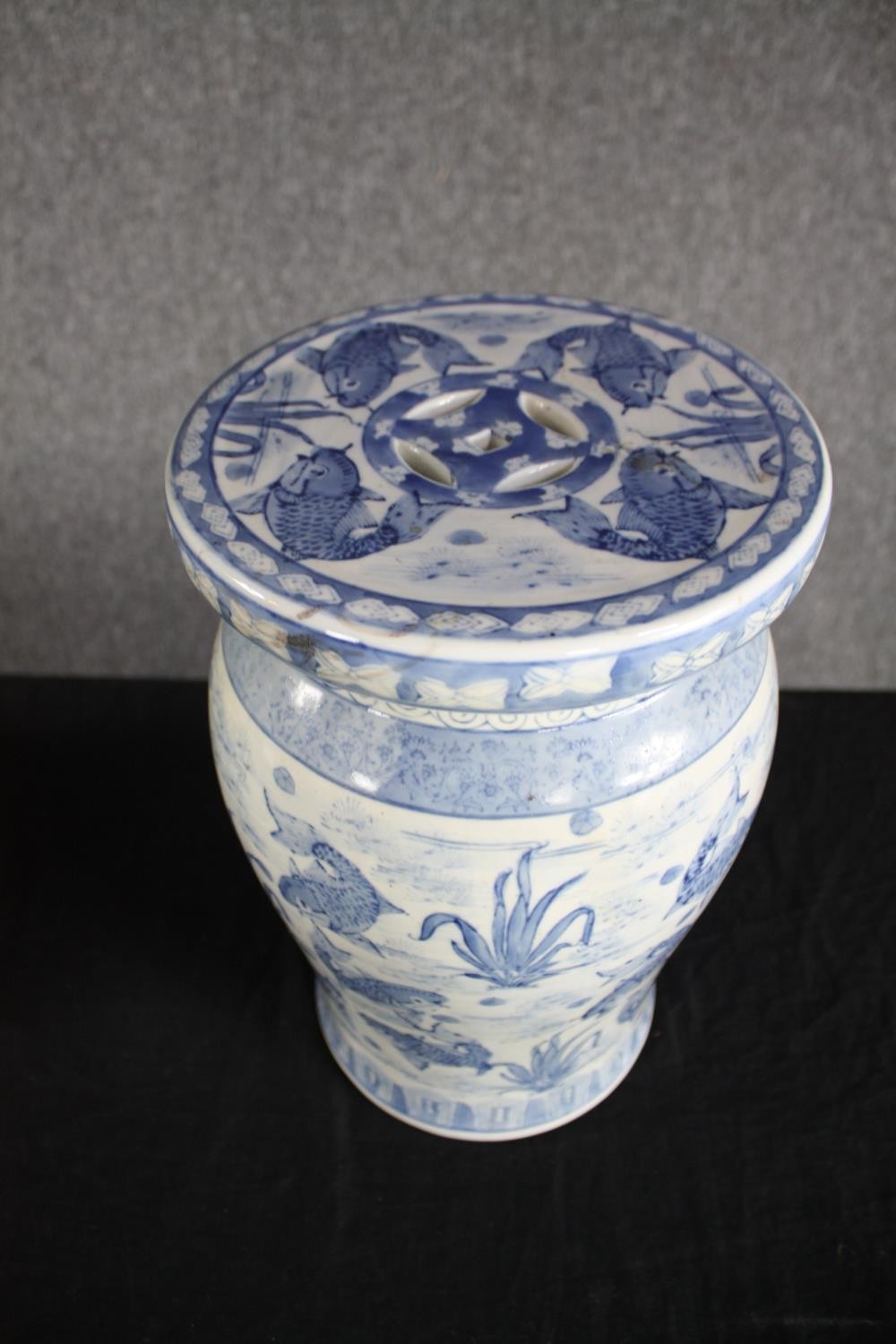 Two modern oriental style ceramic garden stools. Hand painted and decorated with carp. H.41cm. H. - Image 6 of 7